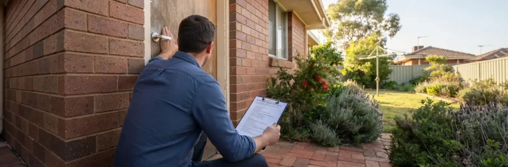 Home buyer checking a rear door handle and lock during a pre-purchase inspection at a brick home in Reynella