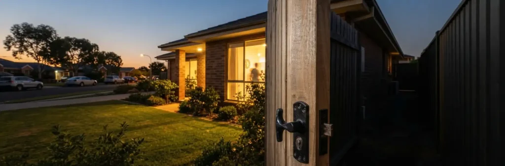 Family home security checklist showing an open side gate in an established Reynella suburban home
