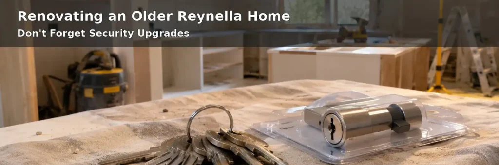 Door lock cylinder and keys on a workbench during a kitchen renovation at a Reynella home